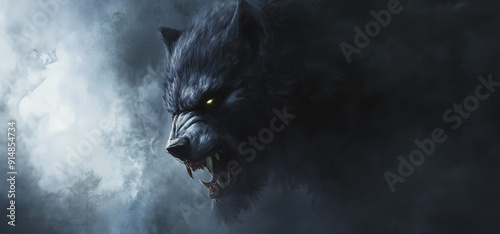 Wallpaper Mural Mysterious Black Wolf Emerging From Foggy Landscape Under Moonlit Night Sky Torontodigital.ca