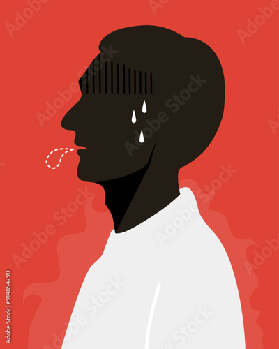 Silhouette of a man sweating and breathless in heat stroke symtoms.