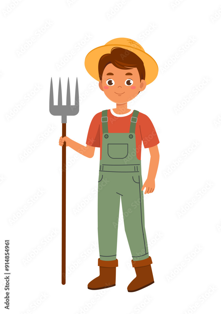 Farmer boy with rake. Young guy in overall with farming equipment. Farming and agriculture. Little helper and assistant at farm. Flat vector illustration Farmer boy with rake. Young guy in overall with farming equipment. Farming and agriculture. Little helper and assistant at farm. Flat vector illustration