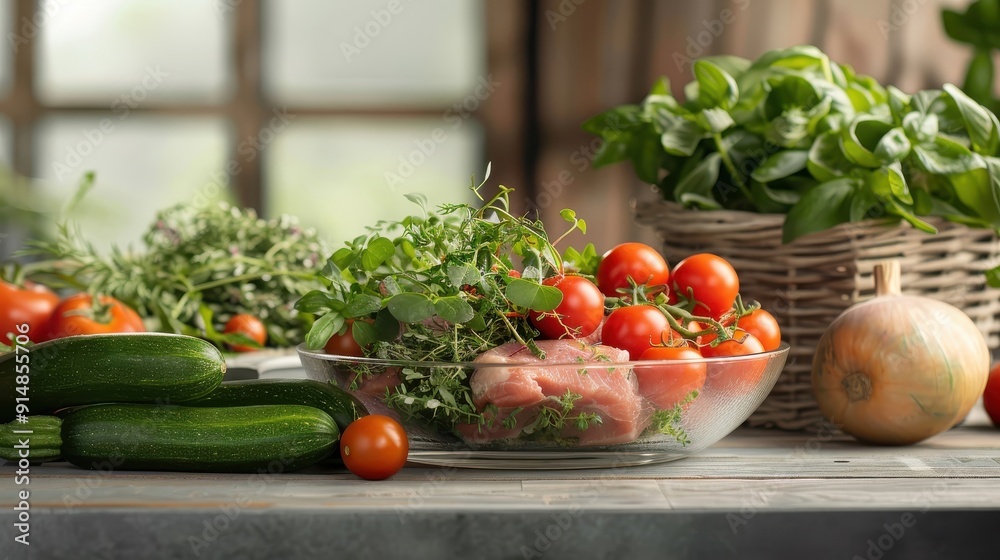 A5 meat cuts on a glass dish with fresh vegetables, sophisticated dining backdrop, warm lighting. A5 meat cuts on a glass dish with fresh vegetables, sophisticated dining backdrop, warm lighting.