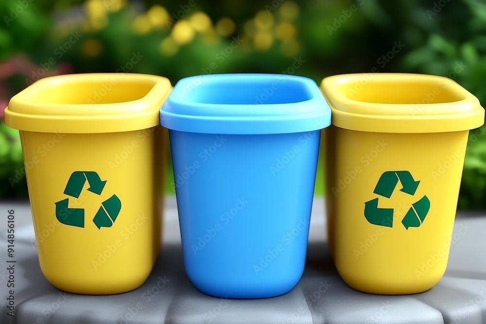 Three bright plastic recycling bins in a garden setting symbolizing the integration of recycling practices in everyday outdoor activities. Three bright plastic recycling bins in a garden setting symbolizing the integration of recycling practices in everyday outdoor activities.