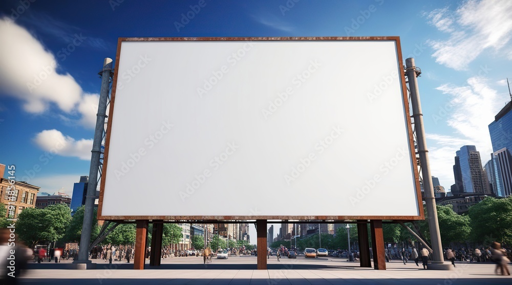 Blank white billboard in the city at during with a busy atmosphere and isolated blurred background Blank white billboard in the city at during with a busy atmosphere and isolated blurred background