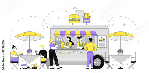 Fast food vendor. Man and woman buying hot dog, hamburger, fries and soda. People with takeaway eating. Street food vendor truck. Linear vector illustration