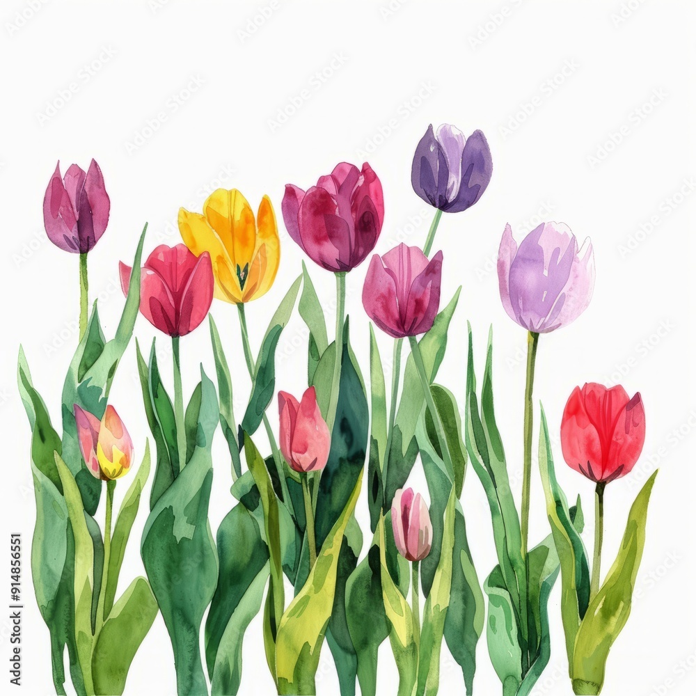 Watercolor painting of a field of tulips, on isolated white background Watercolor painting of a field of tulips, on isolated white background