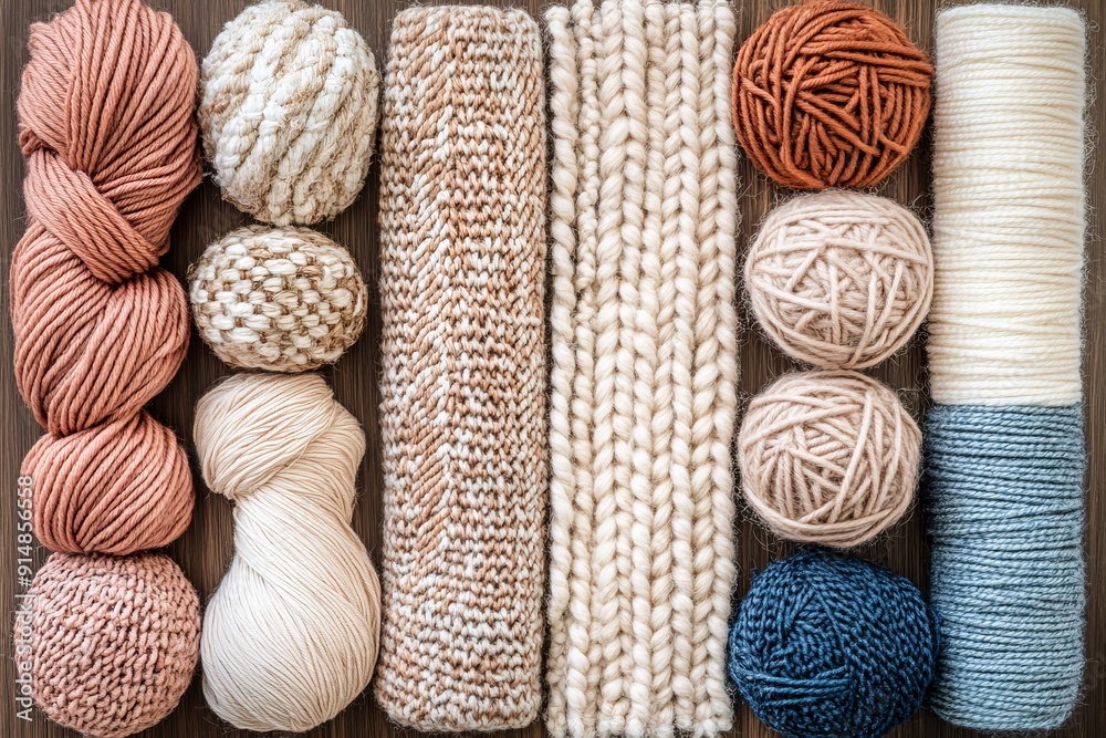 Close up of assorted yarns and textiles highlighting the importance of recycling and sustainability in the fashion and textile industry. Close up of assorted yarns and textiles highlighting the importance of recycling and sustainability in the fashion and textile industry.