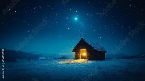 Generative AI Christmas: Wooden Stable at Night with Starry Sky for Birth of Christ. Generative AI