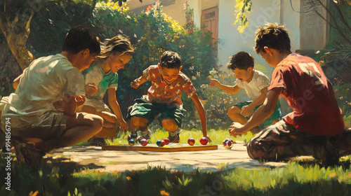 Depict people interacting through sports and games, such as teammates strategizing, friends playing board games, or children playing tag, highlighting the playful and competitive aspects of interactio photo