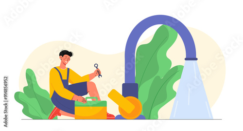 Faucet repair concept. Man with wrench and box of tools fixing faucet in kitchen. Plumber and repairman with pipes. Renovation in bathroom. Flat vector illustration