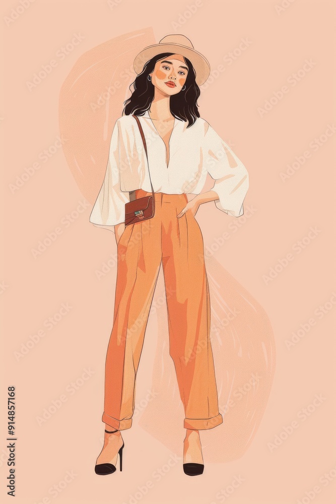 Minimalism illustration, a Latina woman, wearing a boho high-waisted trousers with a flowy blouse, a beret, and a small satchel bag, standing with one hand on her hip, boho woman fashion Minimalism illustration, a Latina woman, wearing a boho high-waisted trousers with a flowy blouse, a beret, and a small satchel bag, standing with one hand on her hip, boho woman fashion