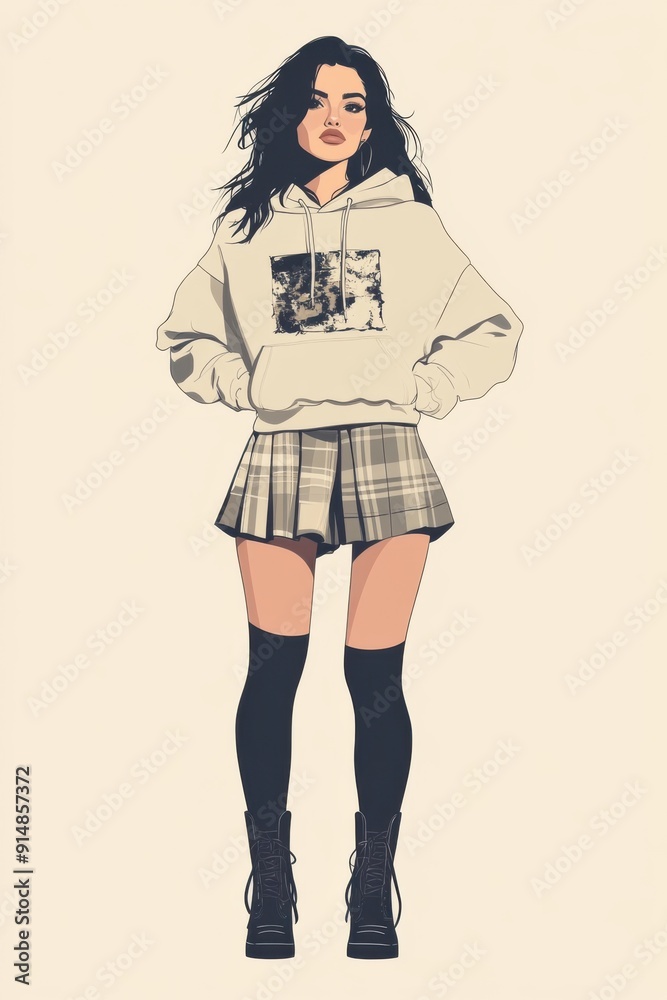 Minimalism illustration, a Latina woman, wearing a distressed graphic hoodie with a plaid skirt and knee-high boots, standing with both hands resting on her hips, grunge fashion, boho Minimalism illustration, a Latina woman, wearing a distressed graphic hoodie with a plaid skirt and knee-high boots, standing with both hands resting on her hips, grunge fashion, boho