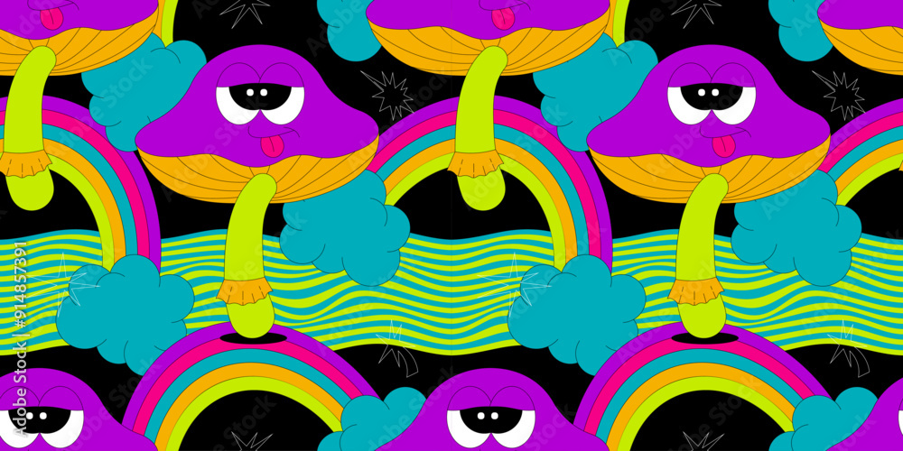 Psychedelic seamless pattern with characters in groovy style. The mushroom, rainbow, clouds and other elements. Retro vector background in acid colors on black Psychedelic seamless pattern with characters in groovy style. The mushroom, rainbow, clouds and other elements. Retro vector background in acid colors on black
