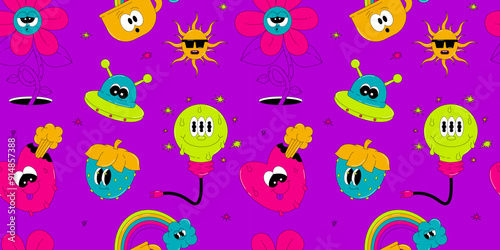 Psychedelic seamless pattern with characters in groovy style. The heart, sun, flower and more with funny faces. Retro vector elements in acid colors on violet background