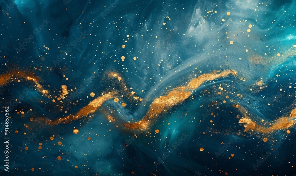Abstract magic blue background with golden sparkles. Various shades of green and blue with golden splashes and flows, Generative AI Abstract magic blue background with golden sparkles. Various shades of green and blue with golden splashes and flows, Generative AI