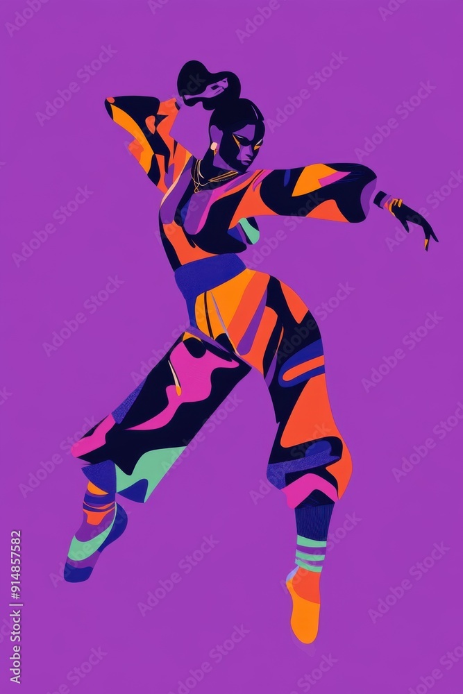 Obraz premium Minimalism illustration, a Latina woman, wearing a futuristic outfit with metallic accents and unconventional cuts, captured mid-motion, avant-garde fashion, boho, flat illustration