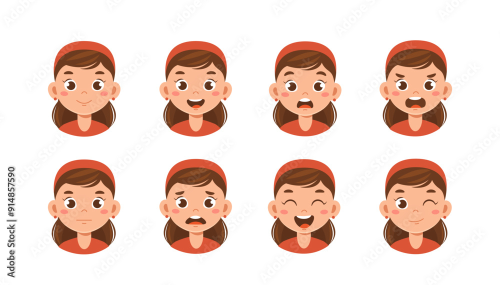 Female farmer constructor. Girl in hat with different emotions and feelings. Kit for creating cartoons. Pack of heads and faces. Farming and agriculture. Flat vector collection Female farmer constructor. Girl in hat with different emotions and feelings. Kit for creating cartoons. Pack of heads and faces. Farming and agriculture. Flat vector collection
