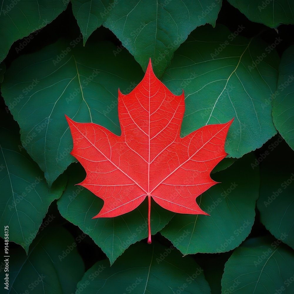 Fototapeta premium A single red maple leaf on a tree of green leaves, illustrating variation, unique shade, one change
