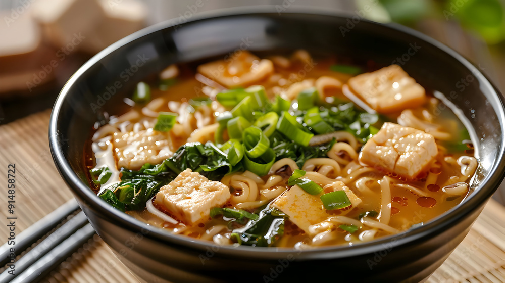 Delicious Ramen Noodle Soup with Tofu and Green Onions - Photo Delicious Ramen Noodle Soup with Tofu and Green Onions - Photo