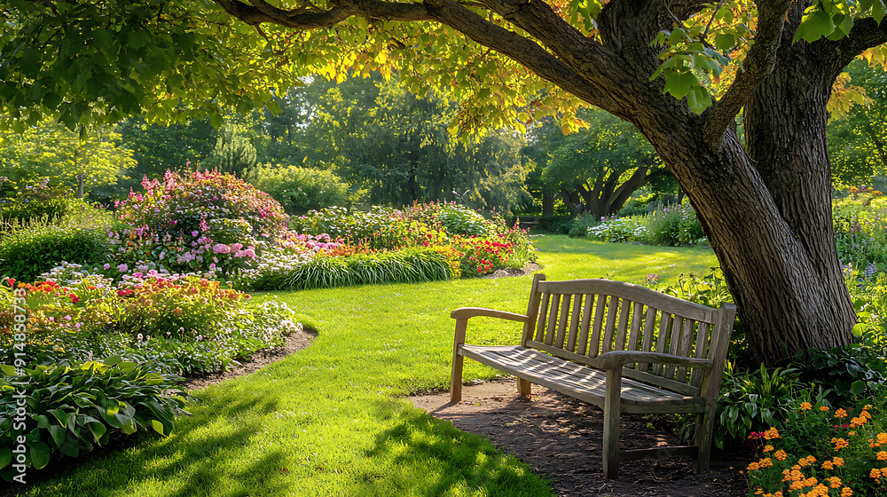 A picturesque garden scene with a wooden bench under a large, shady tree and a flower bed in the background A picturesque garden scene with a wooden bench under a large, shady tree and a flower bed in the background