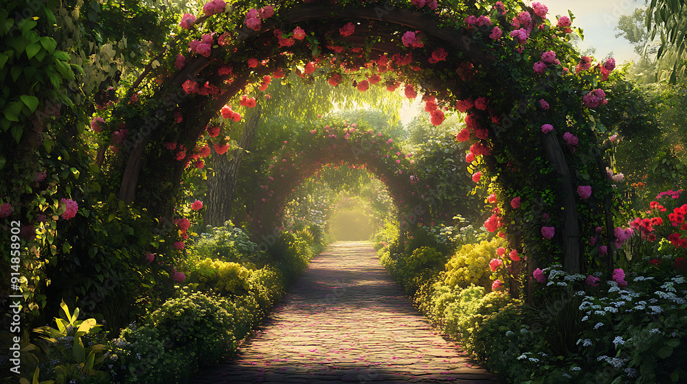 An enchanting garden archway covered in blooming vines leading to a secret garden area An enchanting garden archway covered in blooming vines leading to a secret garden area