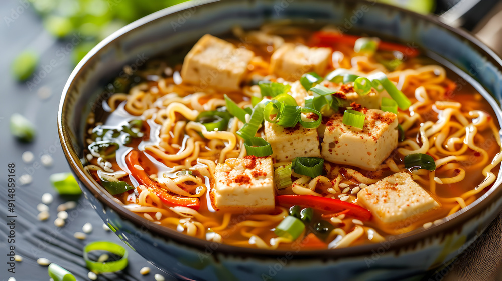Close Up Of Tofu Ramen Soup In Blue Bowl - Food Photography Close Up Of Tofu Ramen Soup In Blue Bowl - Food Photography