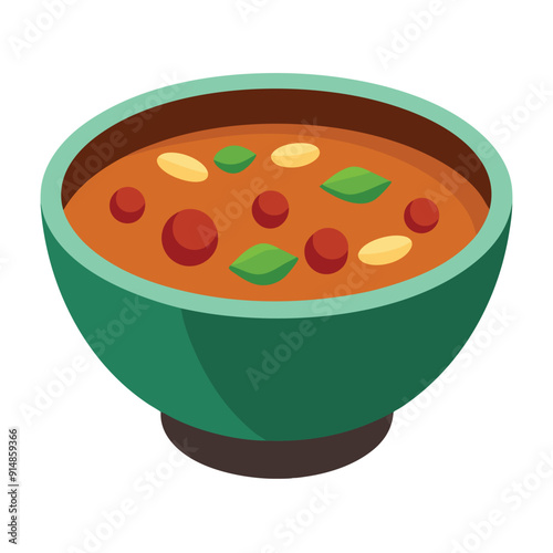 A vector illustration of a bowl of meat soup with vegetables and herbs, isolated on a white background.