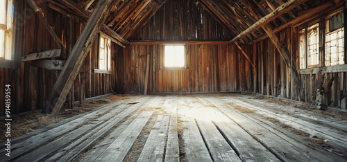 Abandoned Wooden Barn Interior With Sunlight Streaming Through Windows in Rural Setting