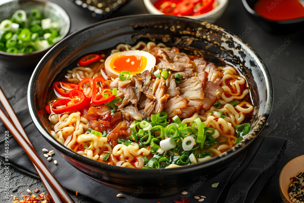 Spicy Ramen Noodles with Pork, Egg, and Chili Peppers - Food Photography Spicy Ramen Noodles with Pork, Egg, and Chili Peppers - Food Photography