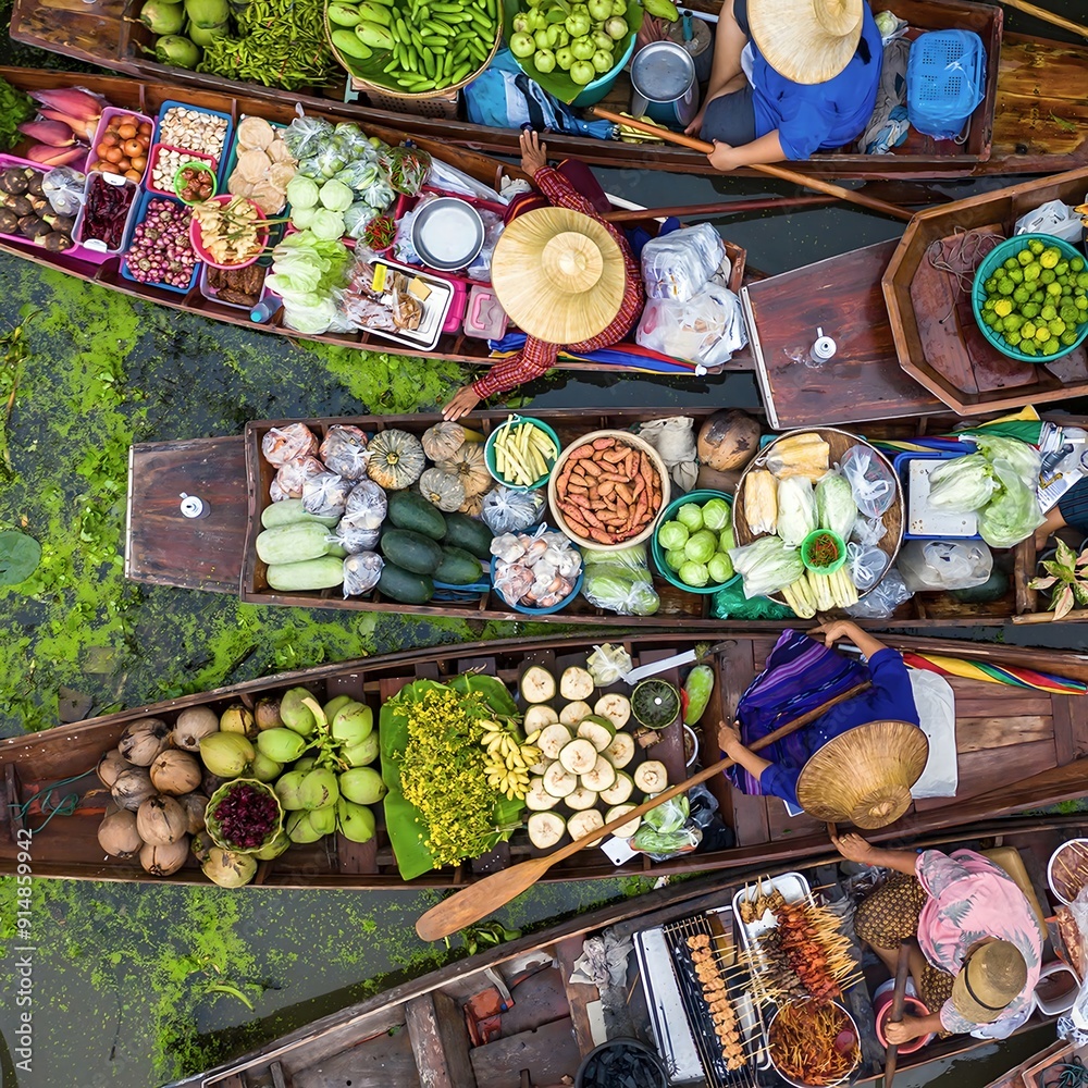 Fototapeta premium A floating market on a canal in Thailand. Boats laden with fresh produce, vegetables and fruit. Market traders.