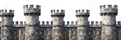 A stone castle wall with turrets and towers on a empty background.