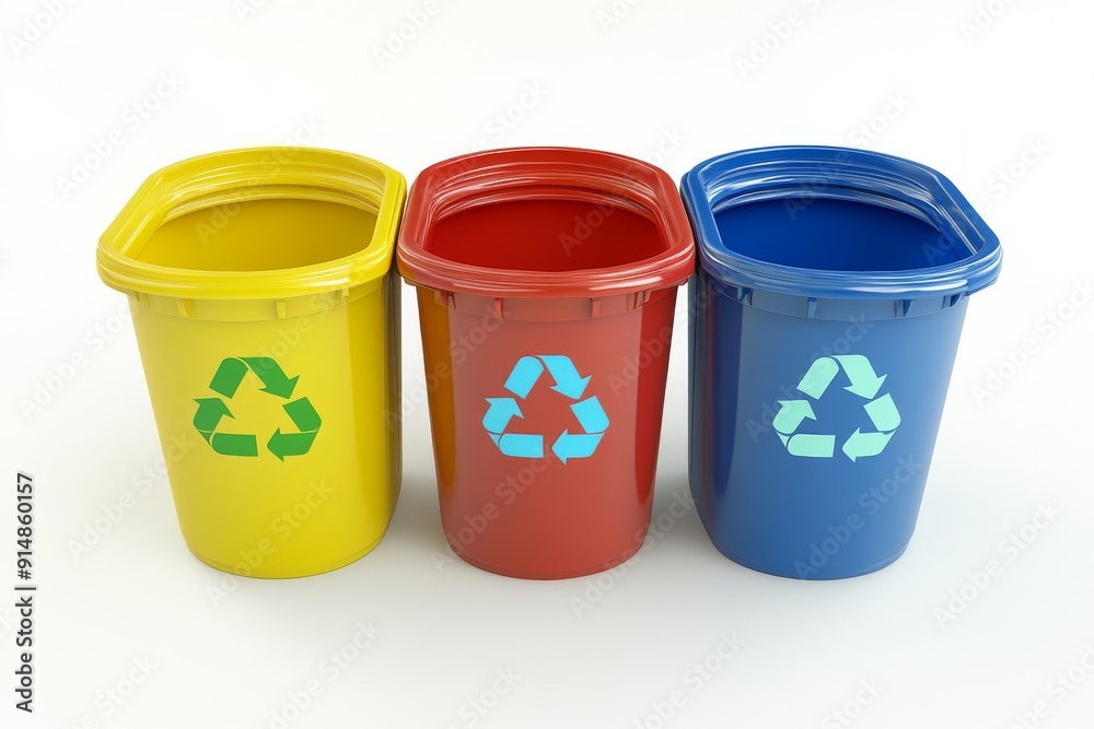 Three colorful recycling bins arranged on a white background emphasizing the importance of waste segregation for effective recycling and environmental preservation. Three colorful recycling bins arranged on a white background emphasizing the importance of waste segregation for effective recycling and environmental preservation.
