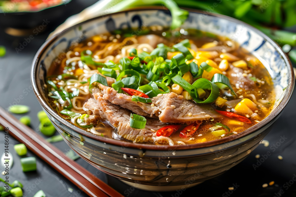 Delicious Bowl of Beef Ramen Noodles Photo Delicious Bowl of Beef Ramen Noodles Photo
