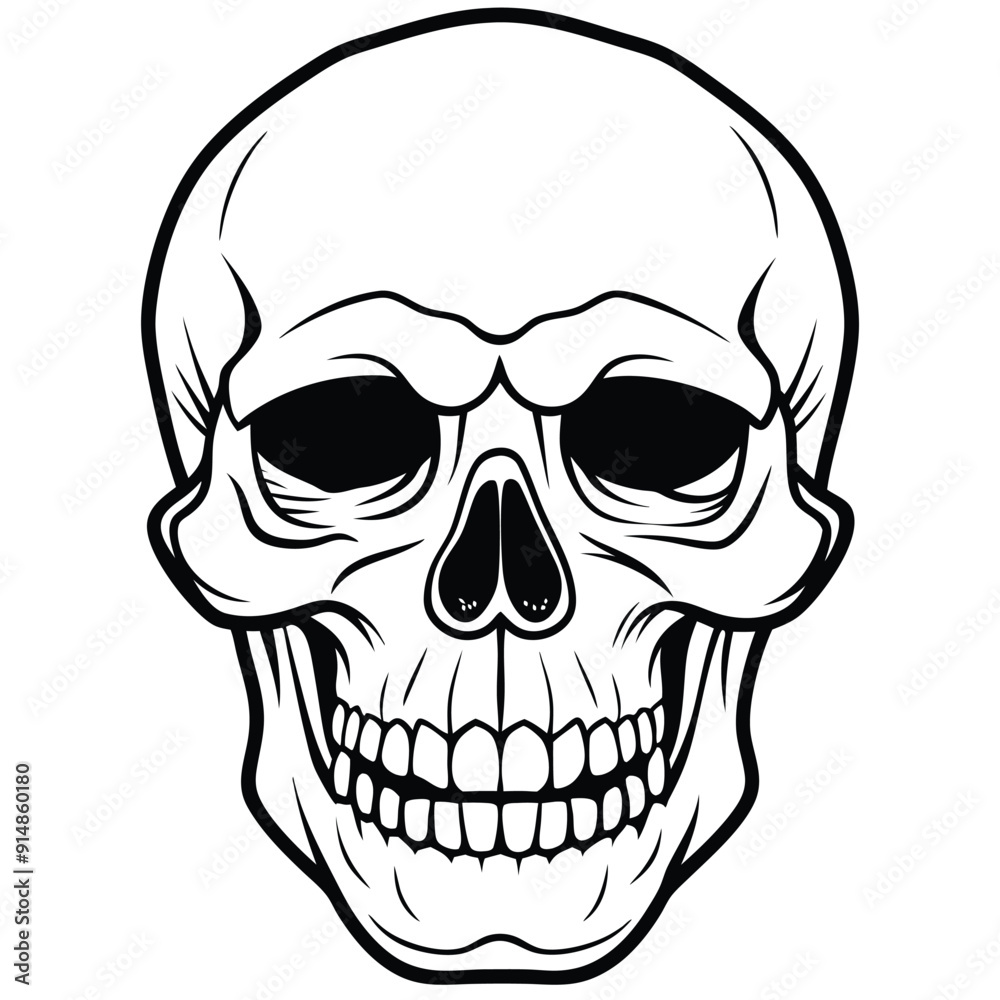 Fototapeta premium A set of five different greyscale vector illustrations of human skulls in various views and expressions.