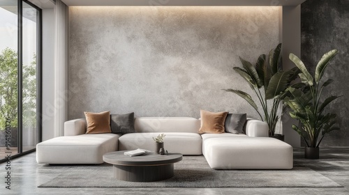 Contemporary Minimalistic Living Room with Neutral Tones and Textured Wall Background