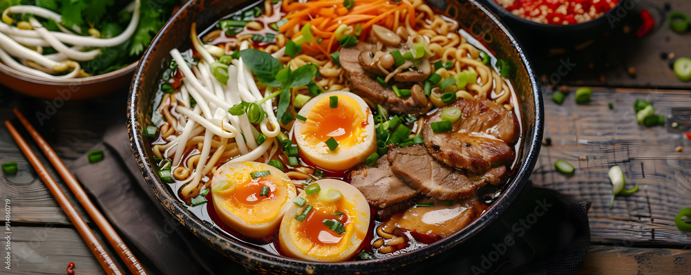 Delicious Ramen Noodle Soup with Pork, Eggs, and Vegetables - Food Photography Delicious Ramen Noodle Soup with Pork, Eggs, and Vegetables - Food Photography