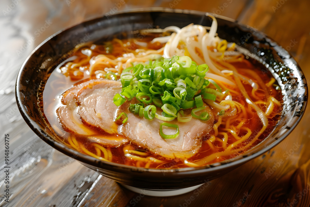 Delicious Bowl of Ramen with Pork, Green Onions, and Bean Sprouts - Photo Delicious Bowl of Ramen with Pork, Green Onions, and Bean Sprouts - Photo