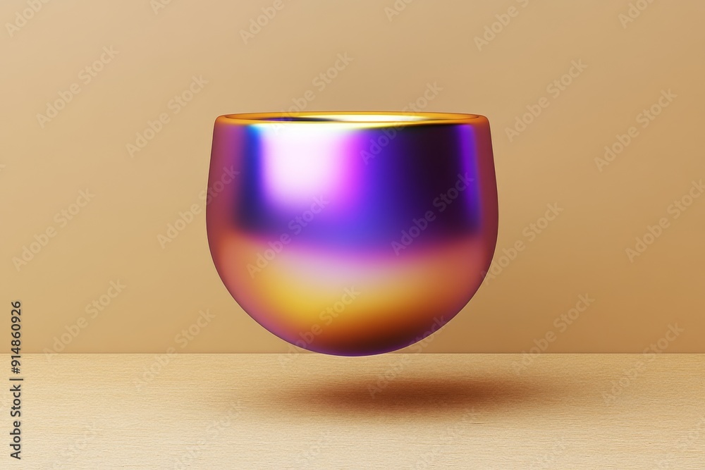 Holographic metallic bowl placed on a beige surface in a minimalist setting emphasizing modern design aesthetics the play of light and the beauty of simple yet striking home decor. Holographic metallic bowl placed on a beige surface in a minimalist setting emphasizing modern design aesthetics the play of light and the beauty of simple yet striking home decor.