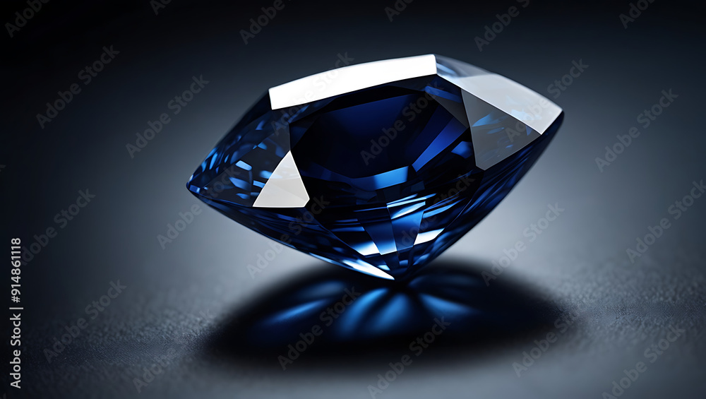 Close-Up Illustration of a Deep Blue Sapphire with Radiant Cut and Shimmering Surface on a Dark Background, Featuring Generous Copy Space for Text or Branding Close-Up Illustration of a Deep Blue Sapphire with Radiant Cut and Shimmering Surface on a Dark Background, Featuring Generous Copy Space for Text or Branding