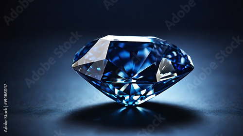 Close-Up Illustration of a Deep Blue Sapphire with Radiant Cut and Shimmering Surface on a Dark Background, Featuring Generous Copy Space for Text or Branding