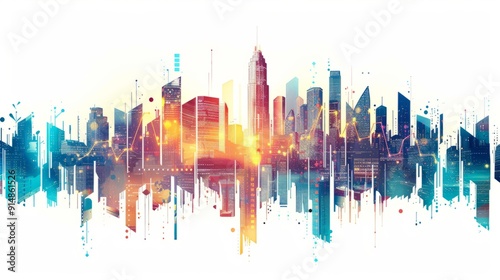 A modern city with shining forex charts isolated on a white background 