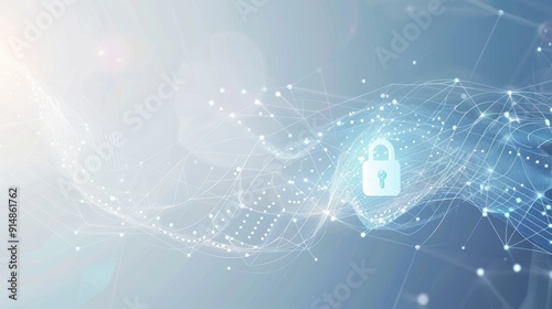 Abstract cyber security concept with a padlock icon, network data and dynamic lines on a light blue background 