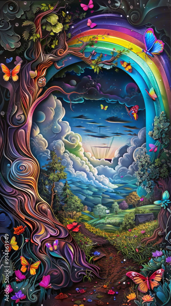Fototapeta premium background with space, A colorful fairytale background with a strong sense of layers.