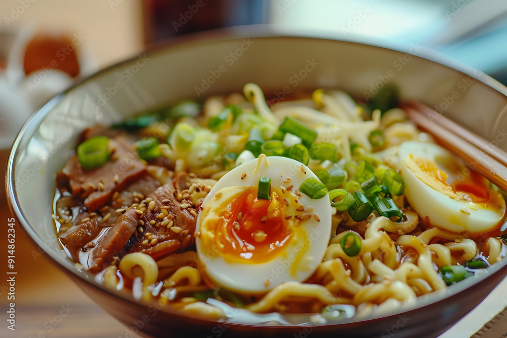 Close Up of a Bowl of Ramen with Eggs, Green Onions, and Sesame Seeds - Photo Close Up of a Bowl of Ramen with Eggs, Green Onions, and Sesame Seeds - Photo