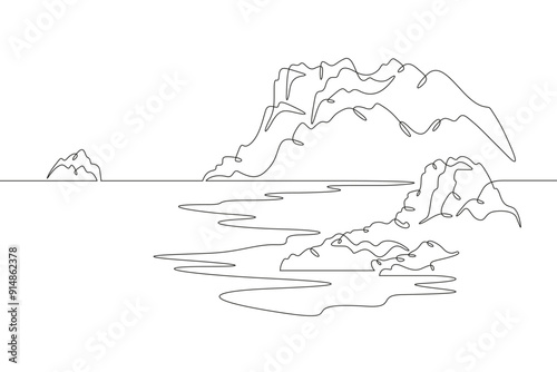 Mystical island. Mysterious seashore. Beautiful seascape.One continuous line. Line art. Minimum one line. White background. One line drawing.