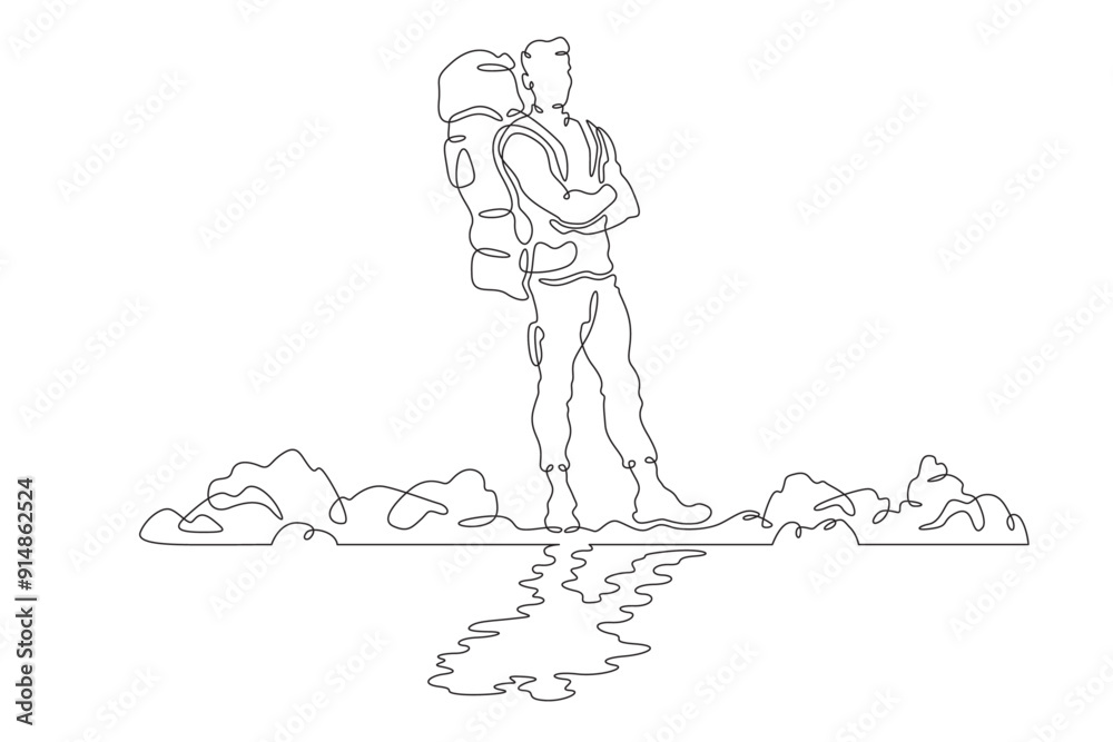 Tourist with a backpack. A hiker is reflected in water. A man with a backpack on the river bank. One continuous line. Line art. Minimum one line. White background. One line drawing. Tourist with a backpack. A hiker is reflected in water. A man with a backpack on the river bank. One continuous line. Line art. Minimum one line. White background. One line drawing.