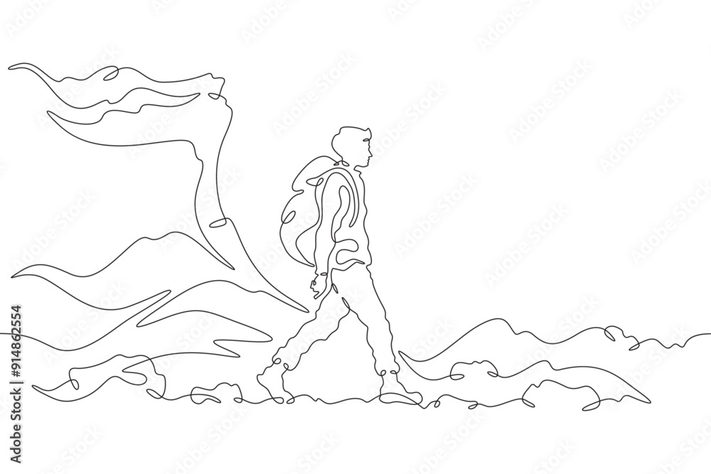 A tourist walks in the mountains. Travel. Mountain climbing .Tourist with a backpack.One continuous line. Line art. Minimum one line. White background. One line drawing. A tourist walks in the mountains. Travel. Mountain climbing .Tourist with a backpack.One continuous line. Line art. Minimum one line. White background. One line drawing.