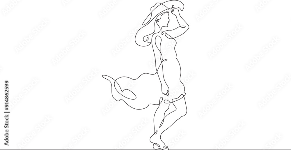 Woman on the beach in a big hat. Girl in a summer cape on the seashore.One continuous line. Line art. Minimum one line. White background. One line drawing. Woman on the beach in a big hat. Girl in a summer cape on the seashore.One continuous line. Line art. Minimum one line. White background. One line drawing.