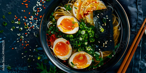 Delicious Ramen Bowl with Soft Boiled Eggs, Seaweed, and Green Onions - Food Photography