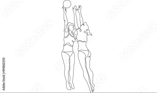 Women's beach volleyball. Women in swimsuits. Volleyball players block in a jump. Female athlete. One continuous line. Line art. Minimum one line. White background. One line drawing.