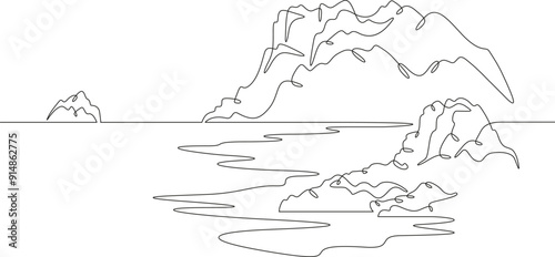 Mystical island. Mysterious seashore. Beautiful seascape.One continuous line. Line art. Minimum one line. White background. One line drawing.
