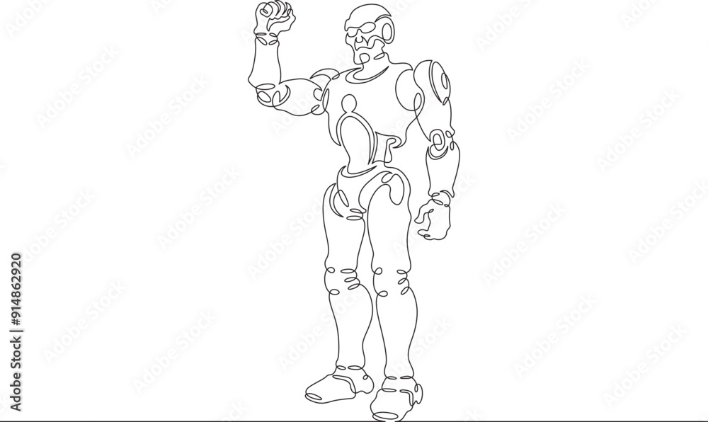 Robot with raised arm. Clenched fist of mechanical man. Robot android gesture of victory and fight. One continuous line. Line art. Minimum one line. White background. One line drawing. Robot with raised arm. Clenched fist of mechanical man. Robot android gesture of victory and fight. One continuous line. Line art. Minimum one line. White background. One line drawing.